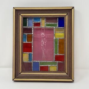 Framed Stained Glass Portrait Of Jesus Christ At Crucifixion 8.75"X10.5" Unique